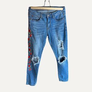 Machine Jeans Distressed Skinny with Rose Embroidery – Size 3 (US 27)